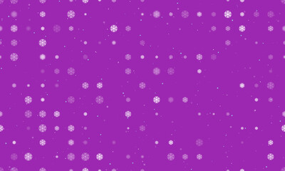 Seamless background pattern of evenly spaced white snowflake symbols of different sizes and opacity. Vector illustration on purple background with stars