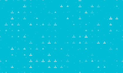 Seamless background pattern of evenly spaced white download symbols of different sizes and opacity. Vector illustration on cyan background with stars