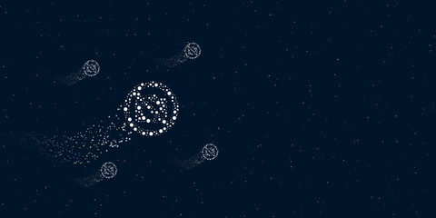 Obraz na płótnie Canvas A no photo symbol filled with dots flies through the stars leaving a trail behind. Four small symbols around. Empty space for text on the right. Vector illustration on dark blue background with stars