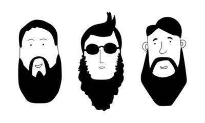 Set of trendy, modern bearded men, hipsters with different haircuts and beards. Silhouettes, emblems, badges, labels. Vector illustration in doodle style.