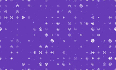 Seamless background pattern of evenly spaced white no video symbols of different sizes and opacity. Vector illustration on deep purple background with stars