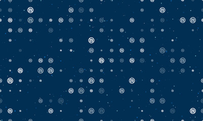 Seamless background pattern of evenly spaced white no photo symbols of different sizes and opacity. Vector illustration on dark blue background with stars
