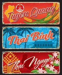 Tuyen Quang, Thai Binh and Thai Nguyen vietnamese regions vintage plates and travel stickers. Vietnam vacation tour grungy plate with province emblems and map. Asia travel postcard or grunge banner