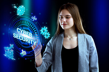 Business, Technology, Internet and network concept. Young businessman working on a virtual screen of the future and sees the inscription: Cyber security