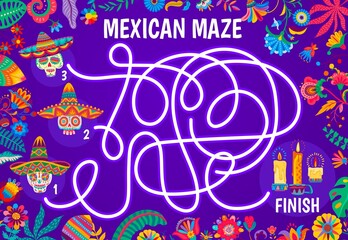 Labyrinth maze with mexican flowers, calavera sugar skulls and candles. Vector kids game worksheet, find right way puzzle or quiz, Dia de los Muertos skeletons, sombrero hats and ofrenda candles