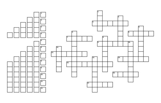 Crossword puzzle game grid vector constructor. Find a word quiz worksheet, empty grids of white and black squares for 17 words with numbers, crossword puzzle or brain teaser template