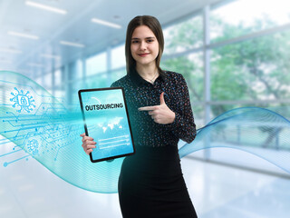 Business, Technology, Internet and network concept. Young businessman working on a virtual screen...