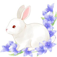 桔梗の花に囲まれたウサギのイラスト／Illustration of a rabbit surrounded by bellflower flowers