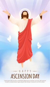 Happy Ascension Day Design with Jesus Christ in Heaven Vector Illustration.  Illustration of resurrection Jesus Christ. Sacrifice of Messiah for humanity redemption. 