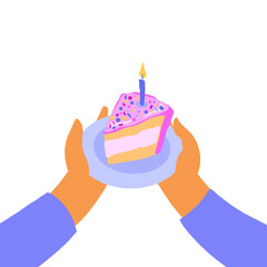 Happy Birthday. Hands hold out the piece of cake with candle.