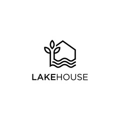 Lake and tree house logo vector