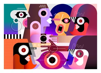 Deurstickers Zes Mensen En Groot Oog. Zes volwassen mensen en één groot oog. Moderne geometrische kunst digitaal schilderen van groep mensen vectorillustratie. ©  danjazzia