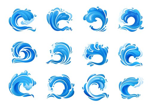 Tsunami Ocean Wave And Surf Icons. Isolated Blue Storm Sea Waves, Cartoon Vector Crashing Ocean Tidal Waves, Hurricane Or Typhoon Sea Splashes With Water Foam, Aqua Swirls, Drops And Ripple