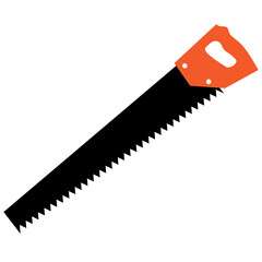 metal hand saw with orange handle on white background. carpenter symbol. home handsaw icon. construction instrument sign. flat style.