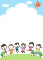 Obraz na płótnie Canvas 青空と笑顔でジャンプする子供たちのフレーム素材イラスト　線あり