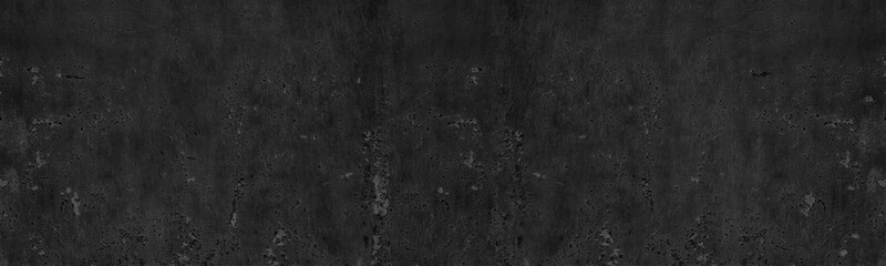 Black weathered metal surface with peeling paint wide panoramic texture. Old shabby dark grey wall panorama. Gloomy dark abstract grunge banner background