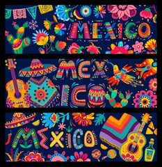 Banners with vibrant colors mexican flowers, papel picado flags, sombrero, guitar and poncho, birds and food.