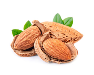 Almonds nuts with leaves