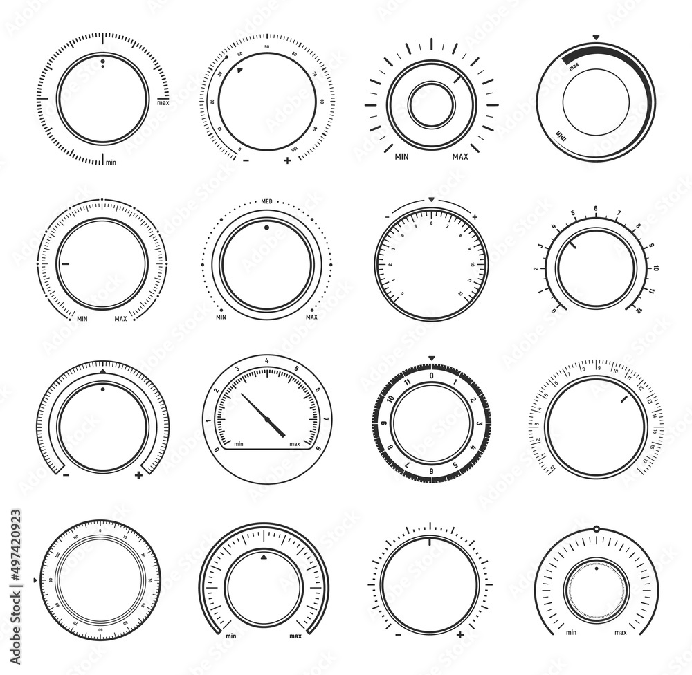 Aufkleber Volume round knob switch, music sound controls, vector interface regulators and dials. Volume level buttons in thin line for music player app or tuner sound UI, min and max round knob controls