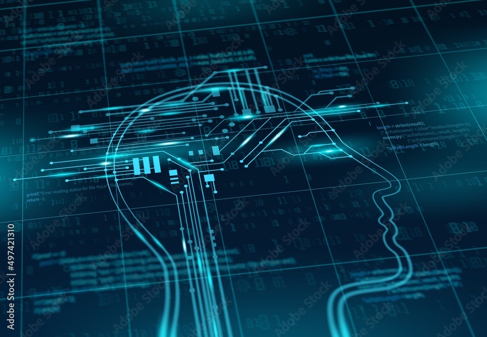 Poster Artificial intelligence, big data and machine learning technology vector concept. AI robot or human head with brain of circuit board on futuristic background with blue neon binary code flow