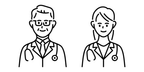 男性と女性の医者ドクターの白黒線画のベクターデザインイラスト素材