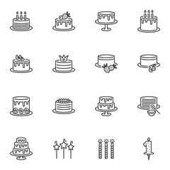 Birthday Cakes line icons set