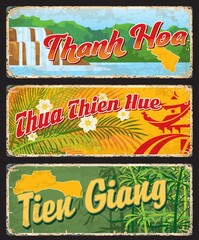 Thanh Hoa, Thua Thien Hue and Tien Giang vietnamese regions retro plates and travel stickers. Asian journey grunge tin sign, Vietnam province tourism vector cards with jungle leaves and Hieu waterfall