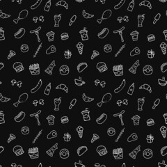 Doodle fast food icons. seamless pattern with food icons. Fast food set icons, fastfood background.  food icons on black background. hand drown vector pattern with fast food icons