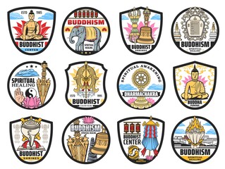 Naklejka premium Buddhism religious icons, sacral symbols and spiritual center emblems. Buddha in lotus, elephant and goldfishes, Kila knife, Vajra and bell, kalachakra, dharma wheel, conch shell and victory banner