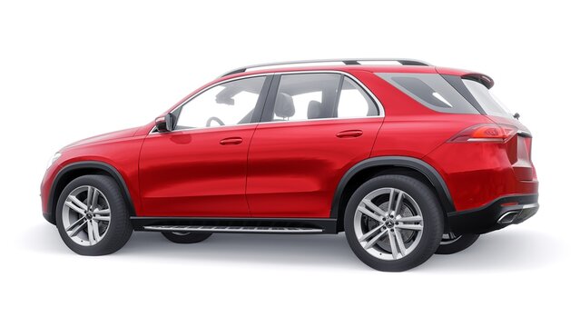 Paris. France. March 26, 2022. Mercedes-Benz GLE 2020. Expensive premium mid-size SUV for every day for work and family. Red car model on a white isolated background. 3d illustration