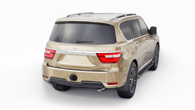 Paris, France. January 30, 2022: Nissan Patrol 2021 beige Premium Family SUV car isolated on white background. 3d rendering