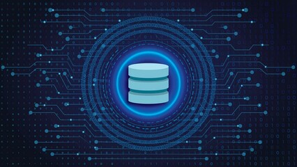 Database Icon Secure Animated 4k Shown on Tech Electronic, Digital Background of Blue and Digital Numbers and Data Moving