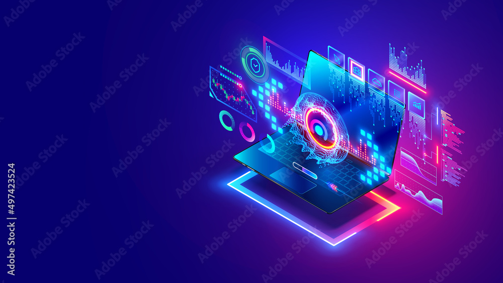 Poster Technology of computer data analysis concept. Analytics charts on screen laptop. Finance business data charts and statistics graphs on computer. Fintech management of digital big data analytics.