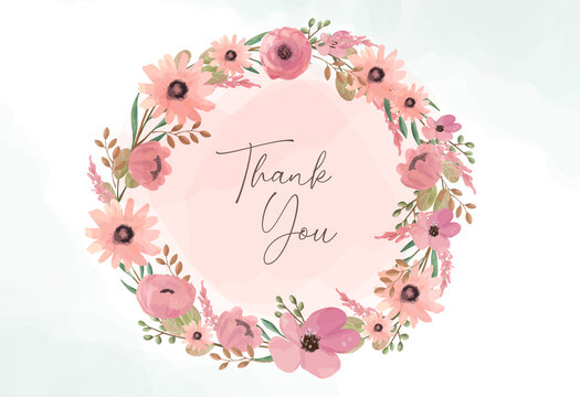 Thank you card with circle floral wreath. Pink blossom flower greeting card.