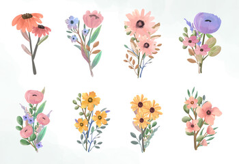Set of watercolor floral bouquet arrangement. Colorful flower botanical drawing wedding card.