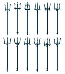 Nautical trident fork vector icons. Poseidon, Neptune, Triton and devil spear weapons. Pitchfork of hell demon, harpoon of mythology sea god and trident isolated cartoon symbols - obrazy, fototapety, plakaty