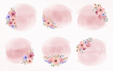 Set of pink watercolor round splash spot with flower arrangement bouquet for wedding card