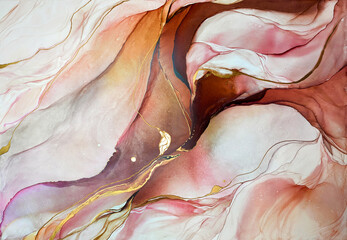 Abstract pink with gold background — pink art with beautiful smudges and stains made with alcohol ink and golden paint. Fluid texture resembles marble, flowers, petals, watercolor or aquarelle.