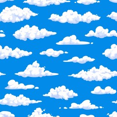 Cartoon fluffy white clouds in blue sky seamless pattern background. Summer sunny weather sky vector backdrop or background, wrapping paper or wallpaper with floating clouds