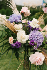 Wedding decor details, flower arrangements with hydrangea