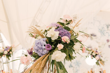 Wedding decor details, flower arrangements with hydrangea