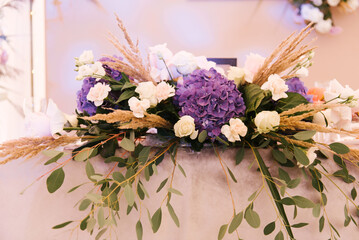 Wedding decor details, flower arrangements with hydrangea