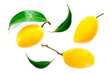 Marian Plum, Plum Mango, yellow fresh fruit and green leaf. Summer fruit with a sweet and sour taste. isolated on white background.