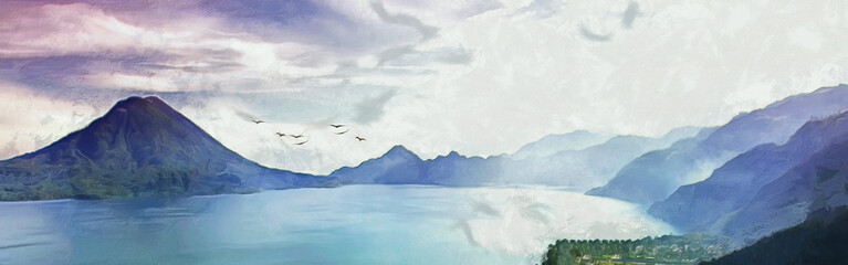 Panoramic landscape with mountain silhouettes, a flock of birds in the sky. Artistic work on the theme of nature