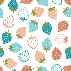 Vector seamless bright pattern strawberry  on a white background. Doodle in fresh fruit healthy food style.