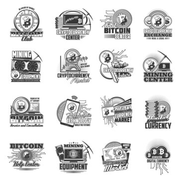 Bitcoin cryptocurrency mining and blockchain isolated vector icons. Crypto currency, digital money wallet and coin, payment transaction network technology, computer, mobile phone and data cloud signs
