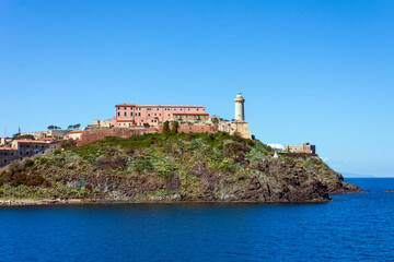 Fototapeta na wymiar panorama of portoferraio with the fortress and the lighthouse, seen from the sea.