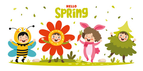 Obraz na płótnie Canvas Spring Season With Cartoon Children