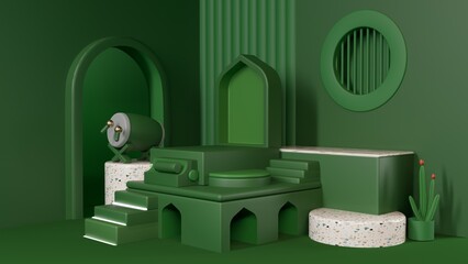 Islamic display decoration using 3d realistic style. Composition of Arabic decor, mosque and traditional bedug. isolated with green background