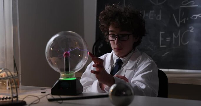 Schoolboy experimenting in physics class. Young student doing physics experiment in the classroom.